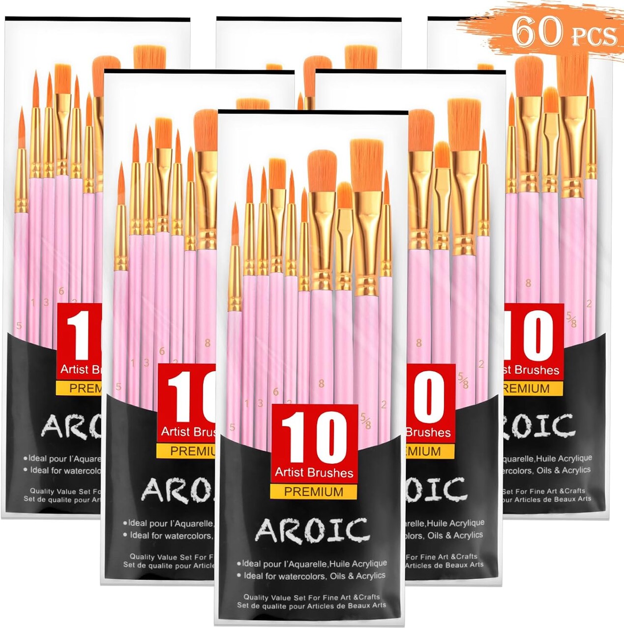 Acrylic Paint Brushes, 6 Packs/60 pcs Nylon Hair Paint Brush Set for All Purpose Oil Watercolor Painting Artist Professional Kits (Pink)